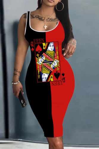 Black Red Casual Street Print Patchwork U Neck Pencil Skirt Dresses