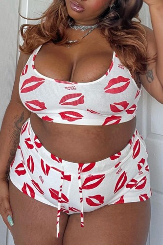 White Sexy Casual Lips Printed Basic U Neck Plus Size Two Pieces