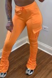 Orange Casual Solid Patchwork Fold Skinny High Waist Conventional Solid Color Bottoms
