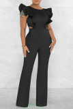 Black Sexy Solid Patchwork Flounce O Neck Straight Jumpsuits