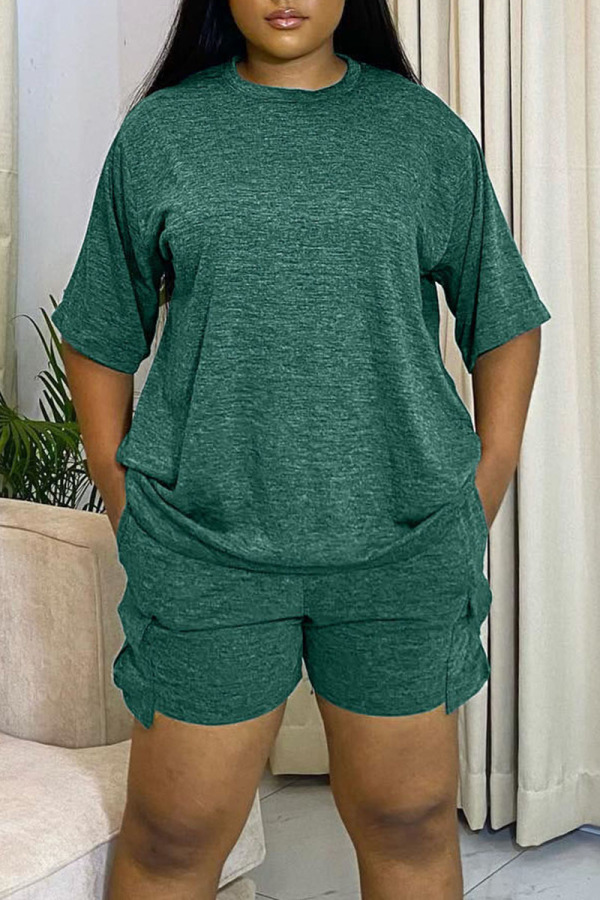 Cyan Green Casual Solid Patchwork O Neck Short Sleeve Two Pieces