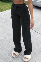 Black Casual Solid Patchwork High Waist Straight Denim Jeans