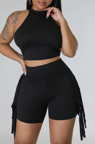 Black Sexy Solid Tassel Patchwork O Neck Sleeveless Two Pieces