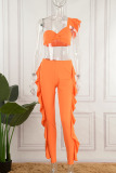 Orange Sexy Solid Patchwork Flounce Asymmetrical Collar Sleeveless Two Pieces