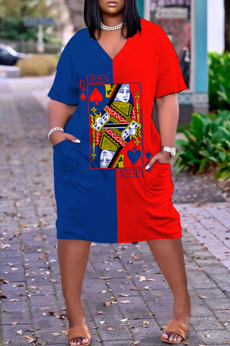 Red Blue Casual Street Print Patchwork V Neck Straight Dresses