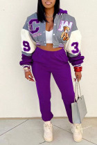 Purple Casual Street Print Patchwork Buckle Hooded Collar Long Sleeve Two Pieces