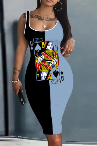 Blue Black Casual Street Print Patchwork U Neck Pencil Skirt Dresses