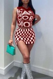 Red Fashion Casual Print Slit O Neck Sleeveless Two Pieces