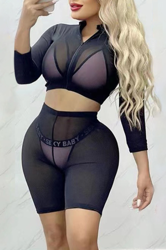 Black Pink Sexy Patchwork Letter Mesh four Piece Sets