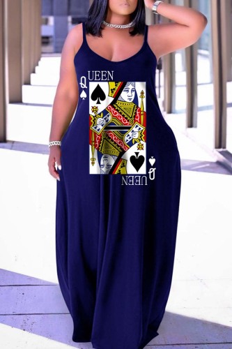 Blue Sexy Casual Print Backless Spaghetti Strap Long Dress Dresses