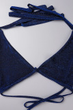 Blue Sexy Solid Bandage Patchwork Backless Fold V Neck Sleeveless Two Pieces