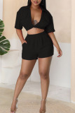 Black Sexy Solid Patchwork V Neck Short Sleeve Two Pieces