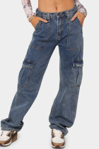 Blue Gray Casual Street Solid Patchwork Pocket High Waist Denim Jeans