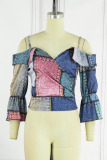 Blue Casual Sweet Print Patchwork Off the Shoulder Tops