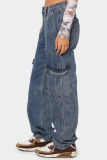 Light Blue Casual Street Solid Patchwork Pocket High Waist Denim Jeans