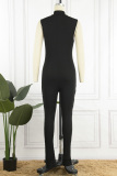 Black Casual Solid Patchwork Zipper Collar Skinny Jumpsuits