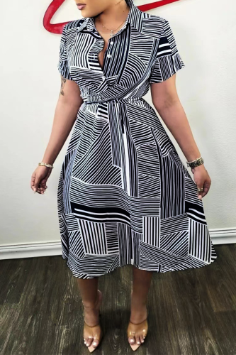 Black Casual Striped Patchwork Turndown Collar Shirt Dress Dresses