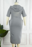 Grey Casual Solid Patchwork Backless Hooded Collar Straight Plus Size Dresses