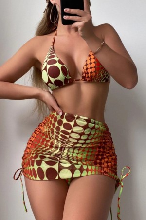 Multicolor Sexy Print Bandage Backless Swimsuit Four Piece Set (With Paddings)