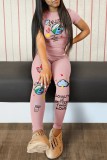 Pink Casual Print Basic O Neck Short Sleeve Two Pieces