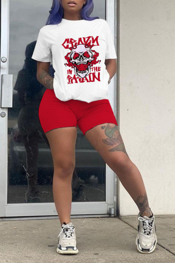 Wholesale Pink Casual Print Skull O Neck Short Sleeve Two Pieces K72064 ...