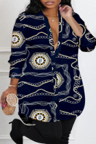 Plus Size Tibetan Blue Casual Print Patchwork Shirt Collar Tops