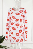 Black Casual Lips Printed See-through O Neck Long Sleeve Dresses