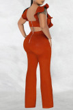 Tangerine Red Sexy Solid Patchwork Flounce O Neck Straight Jumpsuits