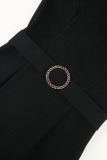 Black Casual Elegant Solid Patchwork With Belt O Neck One Step Skirt Dresses