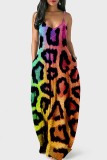 Purple Sexy Casual Print Leopard Backless Spaghetti Strap Long Dress Dresses