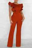 Tangerine Red Sexy Solid Patchwork Flounce O Neck Straight Jumpsuits