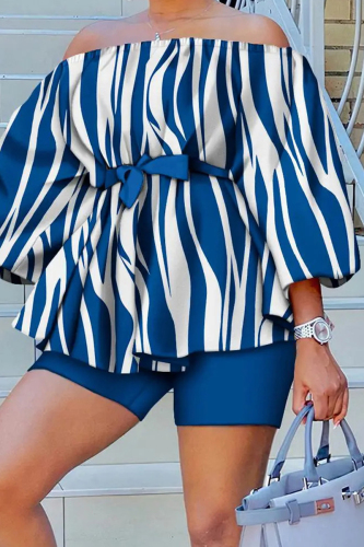 Blue White Casual Print Patchwork Off the Shoulder Three Quarter Two Pieces