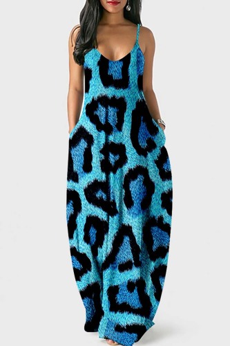 Blue Sexy Casual Print Leopard Backless Spaghetti Strap Long Dress Dresses
