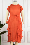 Orange Casual Solid Patchwork O Neck Short Sleeve Dress Dresses