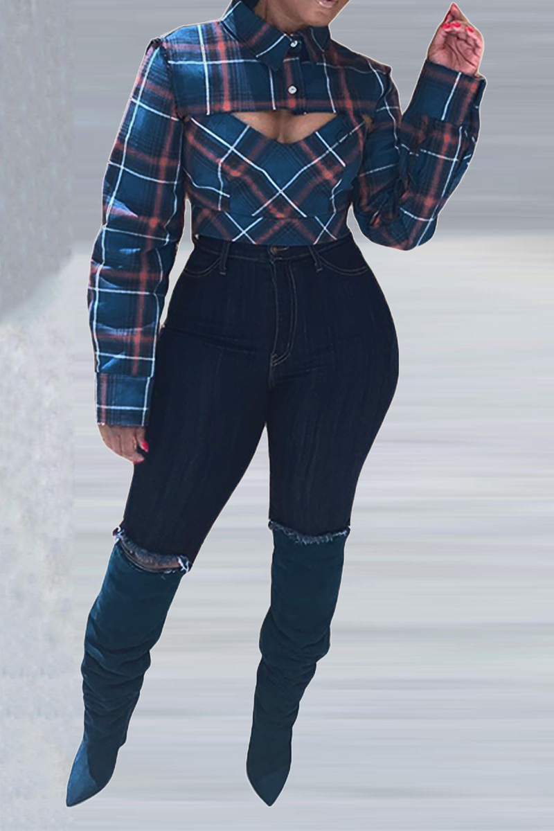 Street Daily Plaid Hot Drill Contrast Turndown Collar Blouses