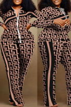 Plus Size Red-brown Casual Print Patchwork Zipper Collar Two Pieces