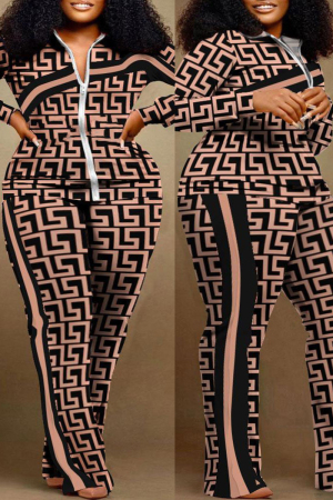 Plus Size Red-brown Casual Print Patchwork Zipper Collar Two Pieces