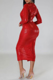Red Sexy Solid Patchwork V Neck Pencil Skirt Dresses