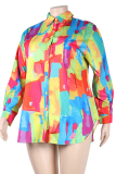 Plus Size Blue Casual Print Patchwork Shirt Collar Tops