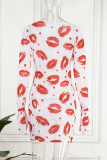 White Casual Lips Printed See-through O Neck Long Sleeve Dresses