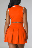 Tangerine Red Casual Solid Patchwork Fold Zipper Collar Sleeveless Two Pieces