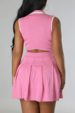 Pink Casual Solid Patchwork Fold Zipper Collar Sleeveless Two Pieces