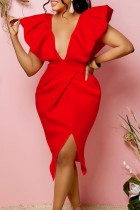 Red Sexy Formal Solid Backless Slit V Neck Evening Dress Dresses