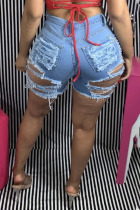 Baby Blue Sexy Street Solid Ripped Make Old Patchwork High Waist Denim Shorts