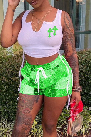 Fluorescent Green Casual Print Patchwork U Neck Sleeveless Two Pieces