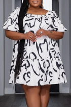 White Casual Print Patchwork Square Collar A Line Plus Size Dresses