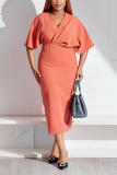 Orange Plus Size Casual Simplicity Basis Solid Color V Neck Wrapped Skirt