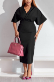 Black Plus Size Casual Simplicity Basis Solid Color V Neck Wrapped Skirt