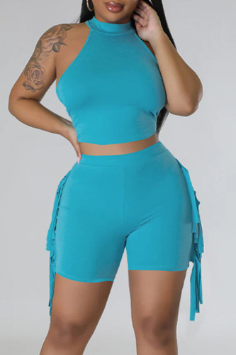 Light Blue Sexy Solid Tassel Patchwork O Neck Sleeveless Two Pieces
