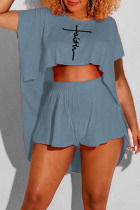 Grey Casual Print Patchwork O Neck Short Sleeve Two Pieces